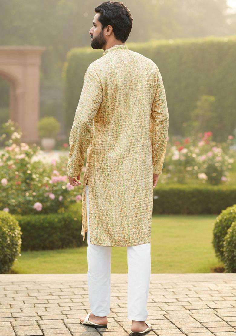 Beige Printed Silk Kurta Set For Men - Indya