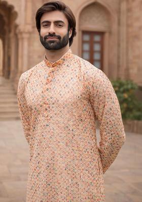 Peach Printed Silk Kurta Set For Men
