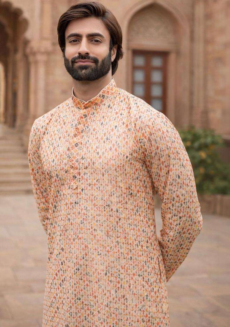 Peach Printed Silk Blend Kurta Set For Men - Indya