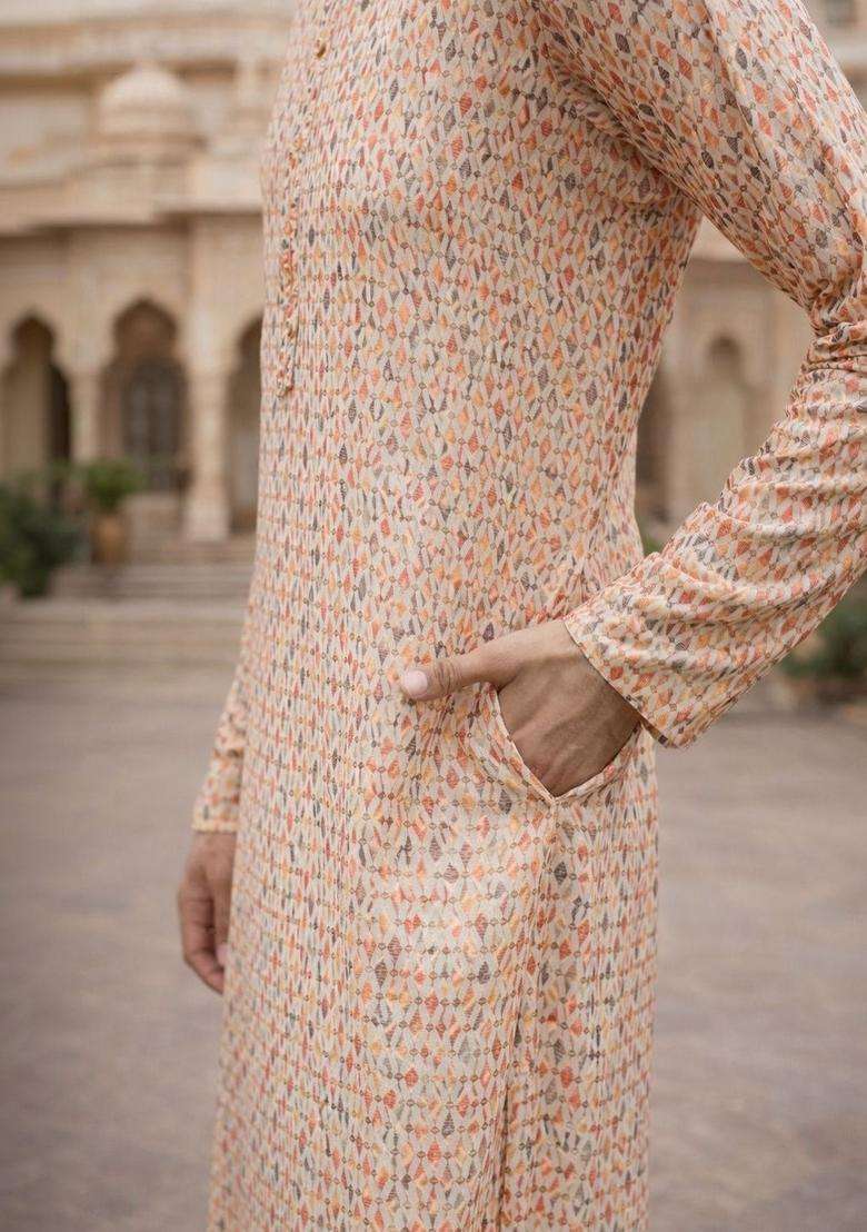 Peach Printed Silk Blend Kurta Set For Men - Indya