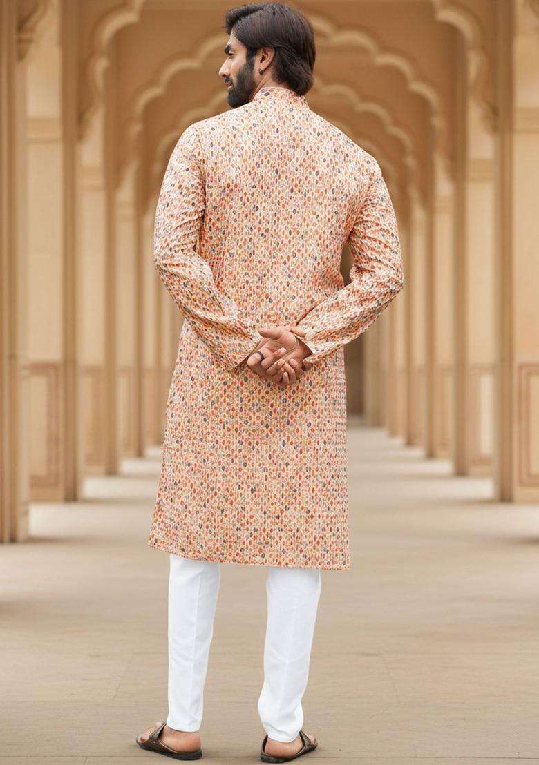 Peach Printed Silk Blend Kurta Set For Men - Indya