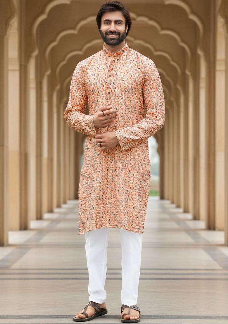 Peach Printed Silk Blend Kurta Set For Men - Indya