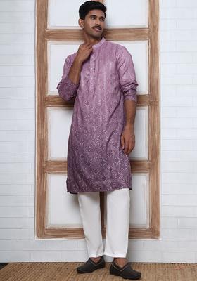 Purple Printed Cotton Kurta Set For Men