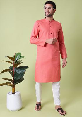 Peach Solid Cotton Kurta Set For Men
