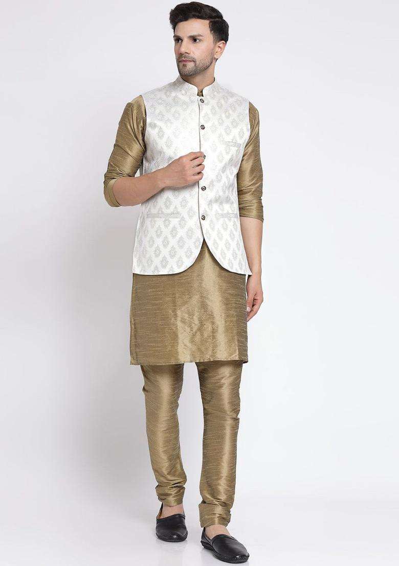 Gold Solid Silk Blend Kurta Set For Men - Indya
