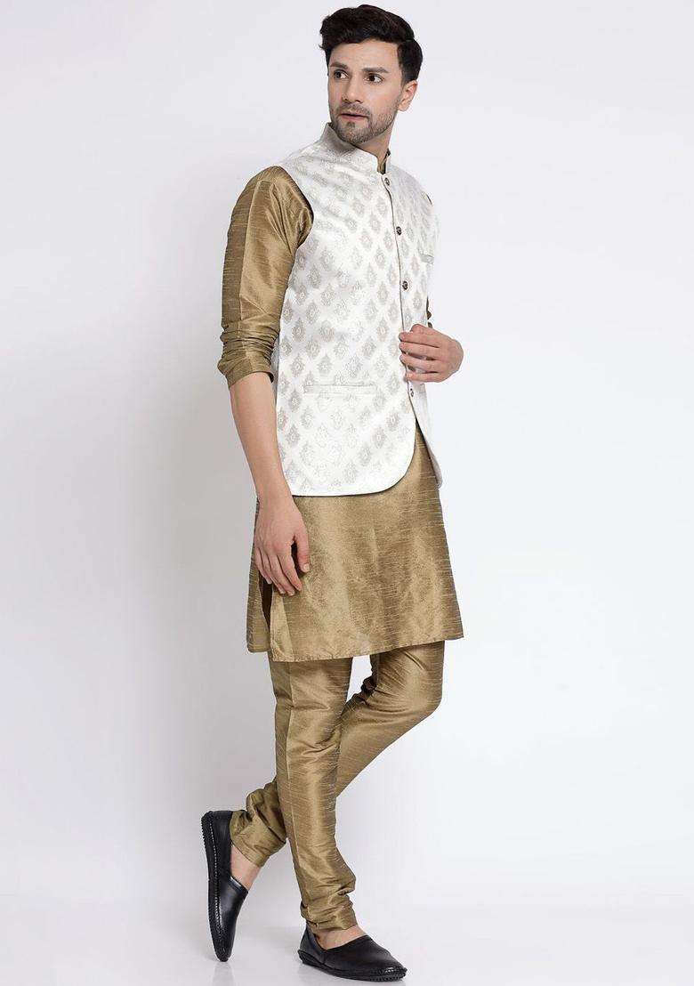 Gold Solid Silk Blend Kurta Set For Men - Indya