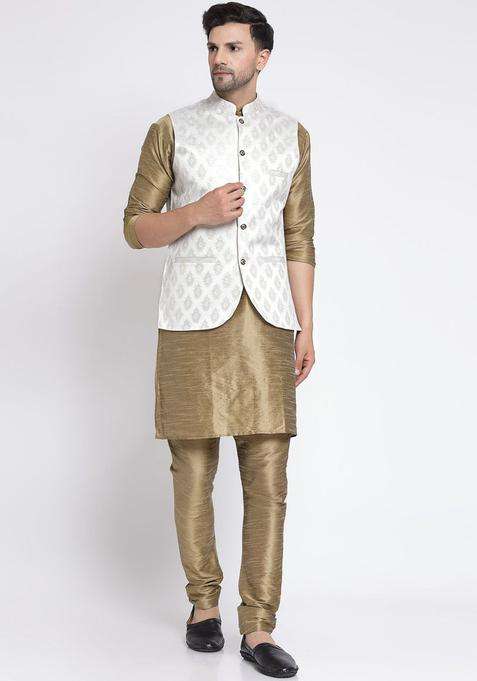 Gold Solid Silk Blend Kurta Set For Men