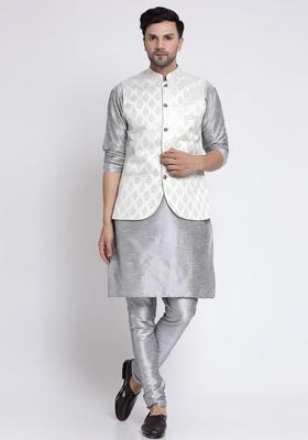 Silver Solid Silk Kurta Set For Men