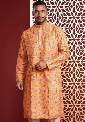 Yellow Embroidered Cotton Kurta Set For Men