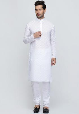 White Embroidered Cotton Kurta Set For Men