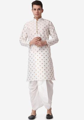 Beige Printed Silk Blend Kurta Set For Men