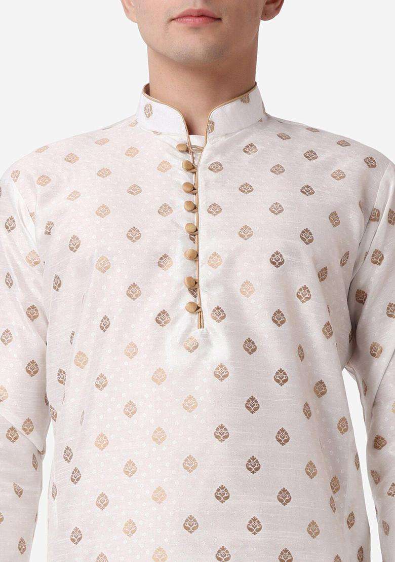 Beige Printed Silk Blend Kurta Set For Men - Indya