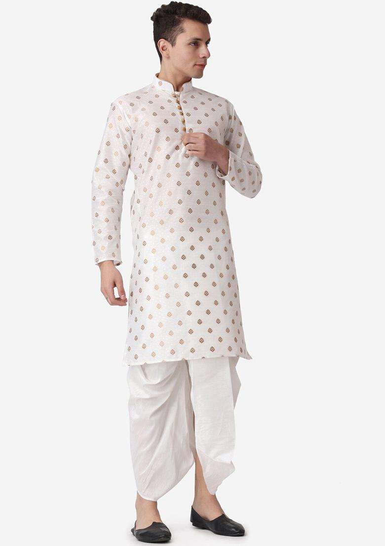 Beige Printed Silk Blend Kurta Set For Men - Indya