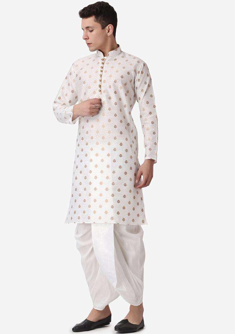 Beige Printed Silk Blend Kurta Set For Men - Indya
