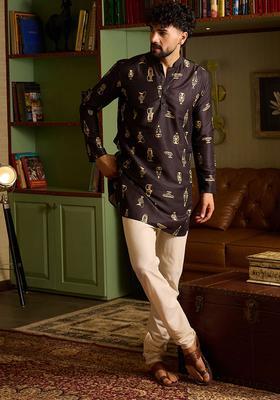 Black Printed Silk Kurta Set For Men