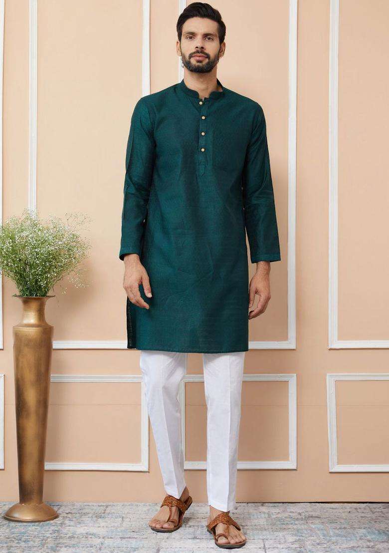 Green Woven Design Silk Blend Kurta Set For Men - Indya