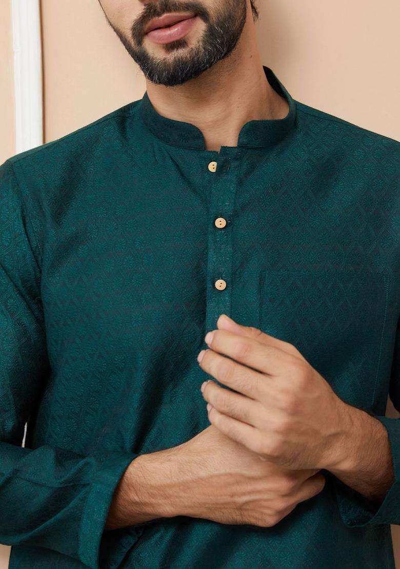 Green Woven Design Silk Blend Kurta Set For Men - Indya