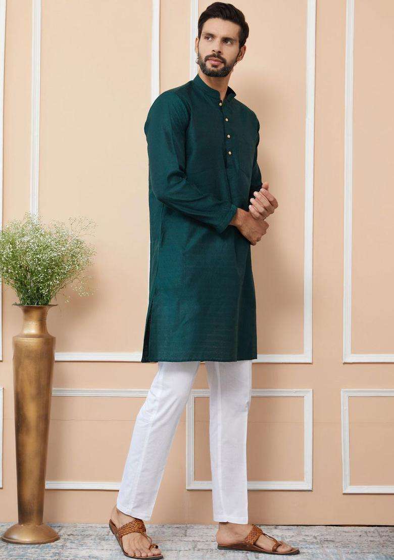 Green Woven Design Silk Blend Kurta Set For Men - Indya