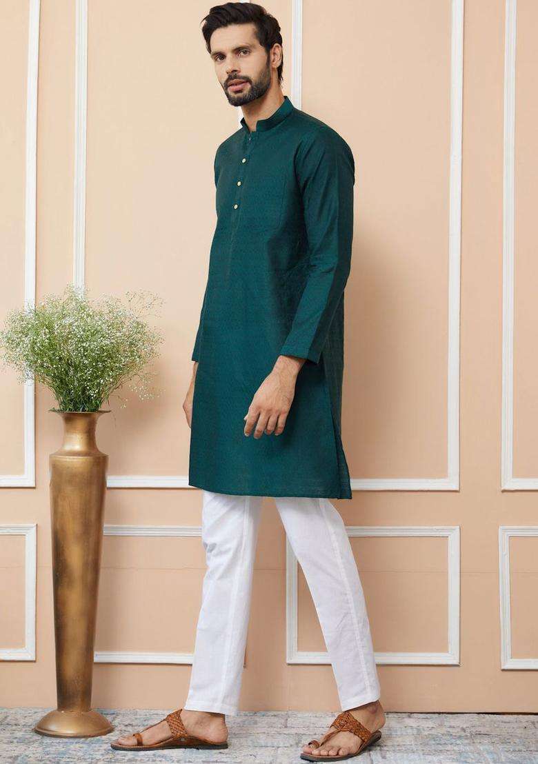 Green Woven Design Silk Blend Kurta Set For Men - Indya