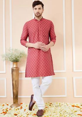 Red Woven Design Silk Kurta Set For Men