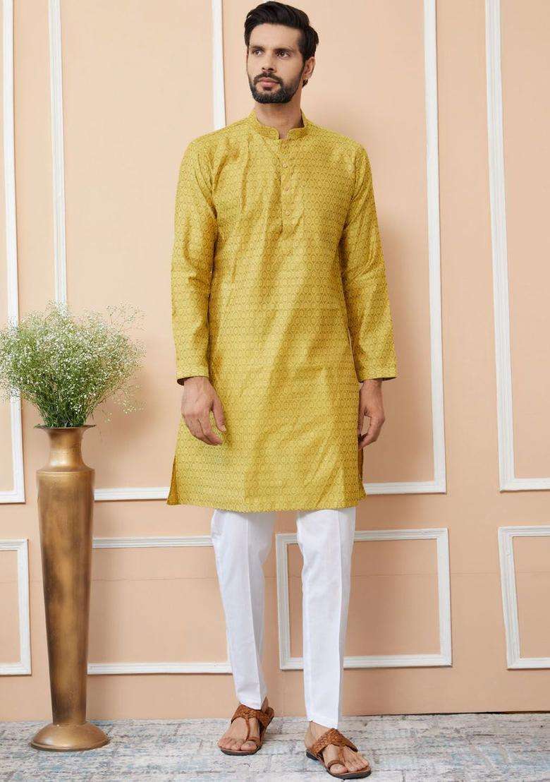 Yellow Woven Design Silk Blend Kurta Set For Men - Indya