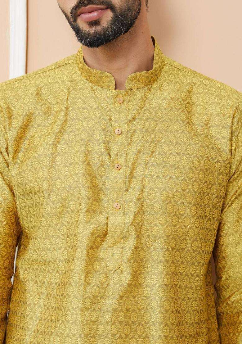 Yellow Woven Design Silk Blend Kurta Set For Men - Indya