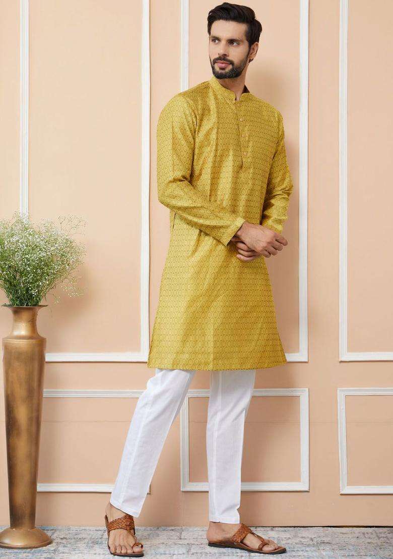 Yellow Woven Design Silk Blend Kurta Set For Men - Indya