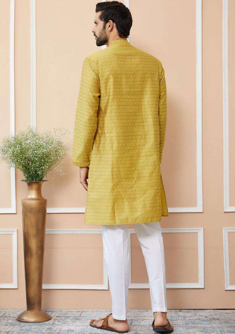 Yellow Woven Design Silk Blend Kurta Set For Men - Indya