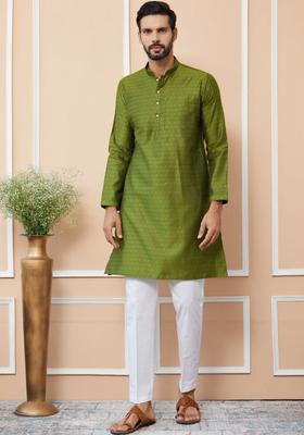 Green Woven Design Silk Kurta Set For Men