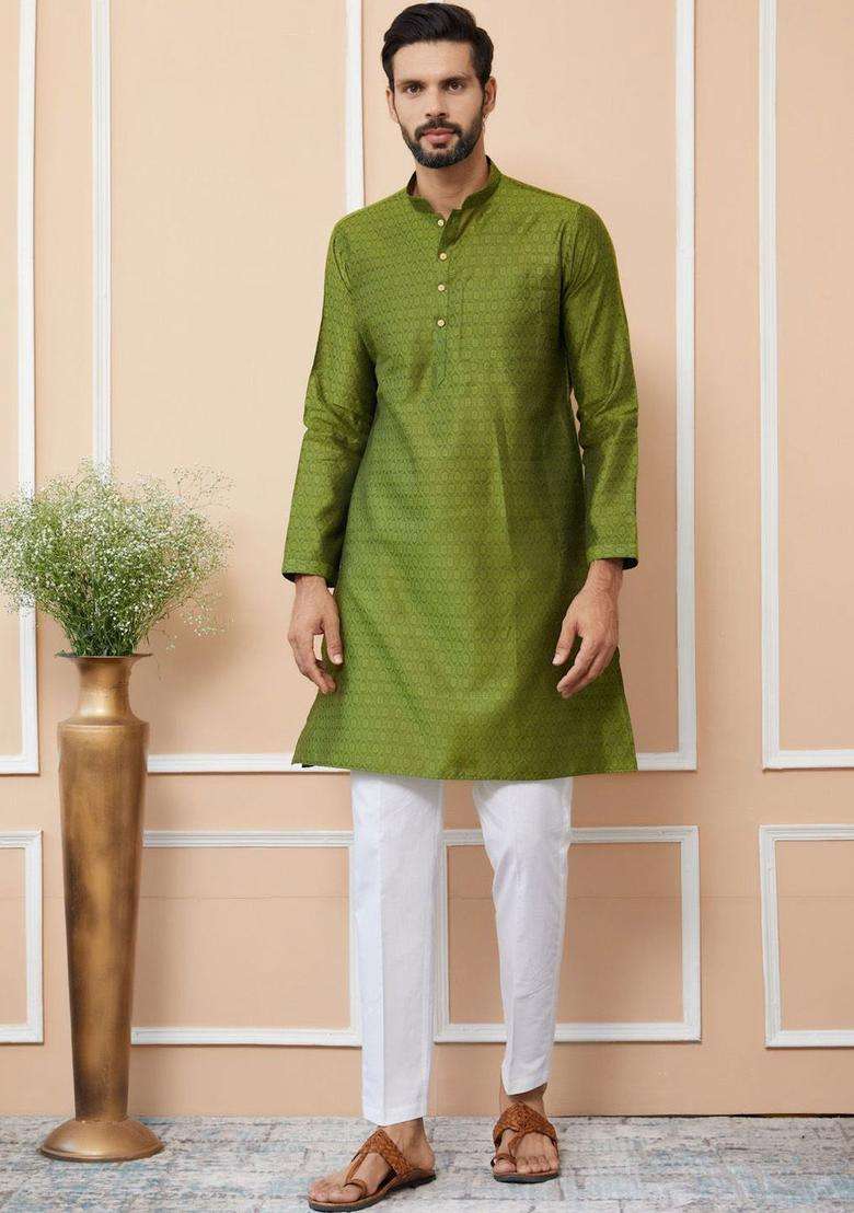Green Woven Design Silk Blend Kurta Set For Men - Indya