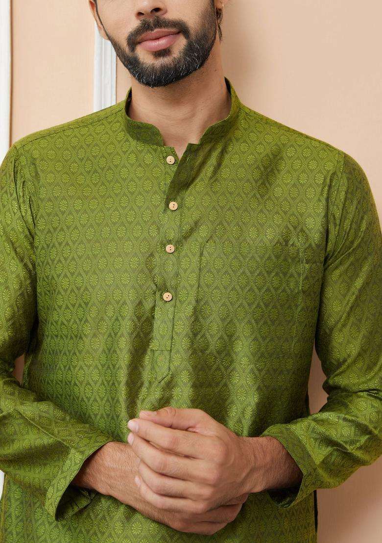 Green Woven Design Silk Blend Kurta Set For Men - Indya