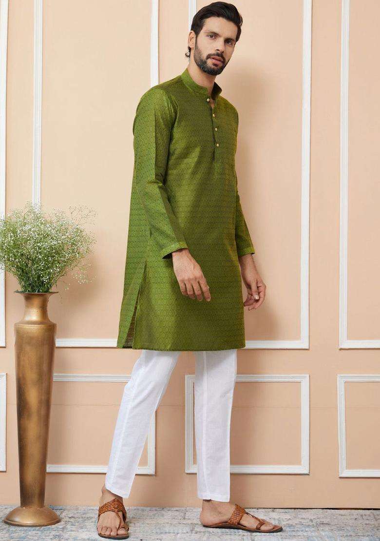 Green Woven Design Silk Blend Kurta Set For Men - Indya