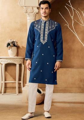 Navy Blue Embroidered Polyester Kurta Set For Men