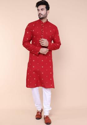 Maroon Embroidered Silk Kurta Set For Men