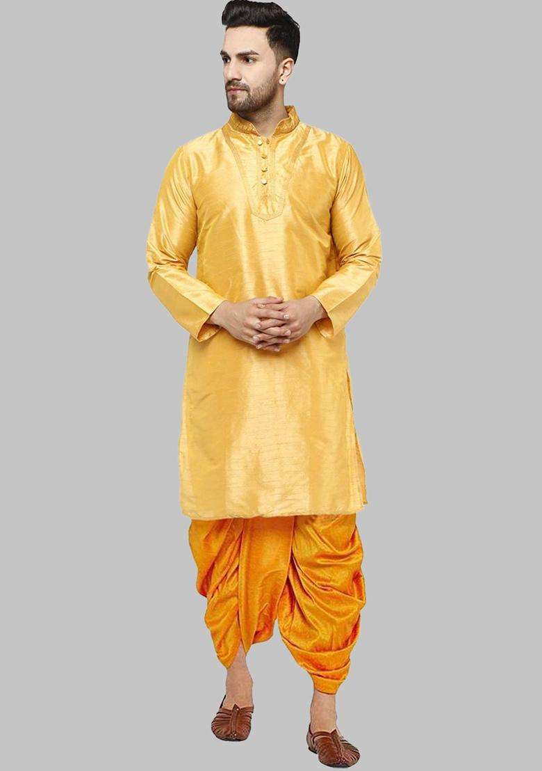 Gold Solid Silk Blend Kurta Set For Men - Indya