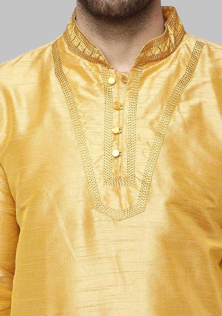 Gold Solid Silk Blend Kurta Set For Men - Indya