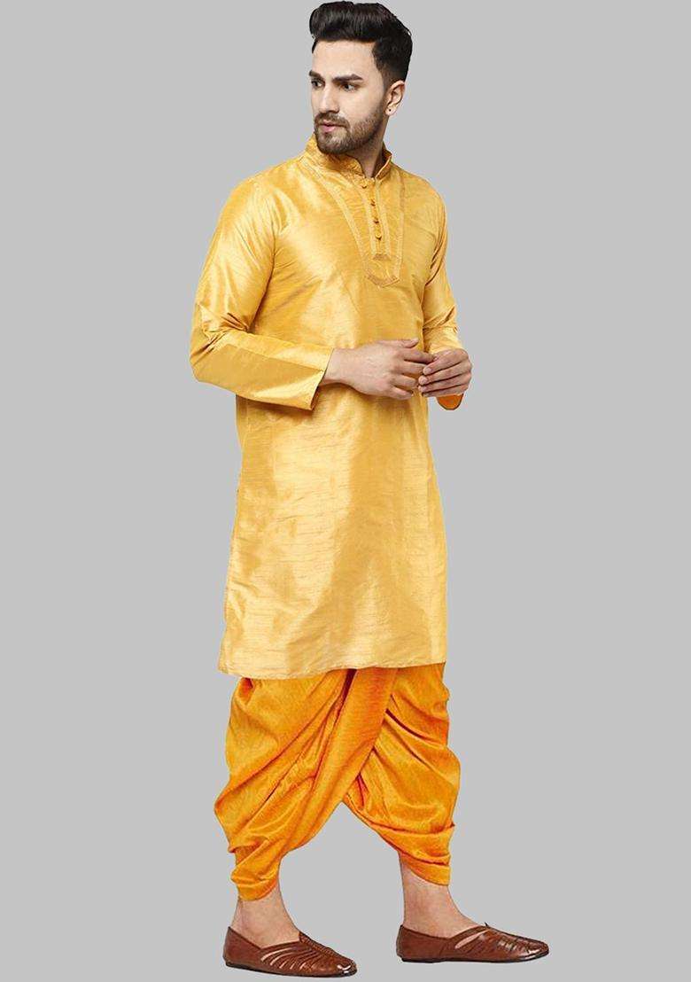 Gold Solid Silk Blend Kurta Set For Men - Indya