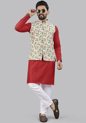 Red Printed Cotton Kurta Set For Men