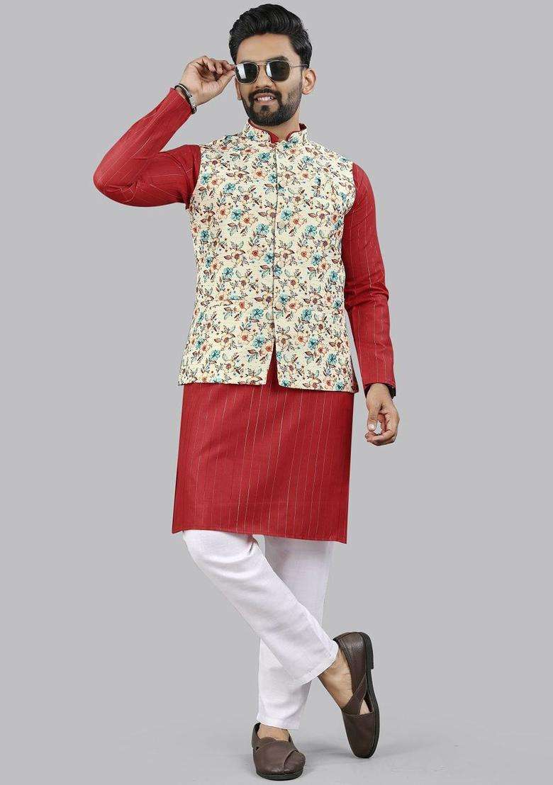 Red Printed Cotton Kurta Set For Men - Indya