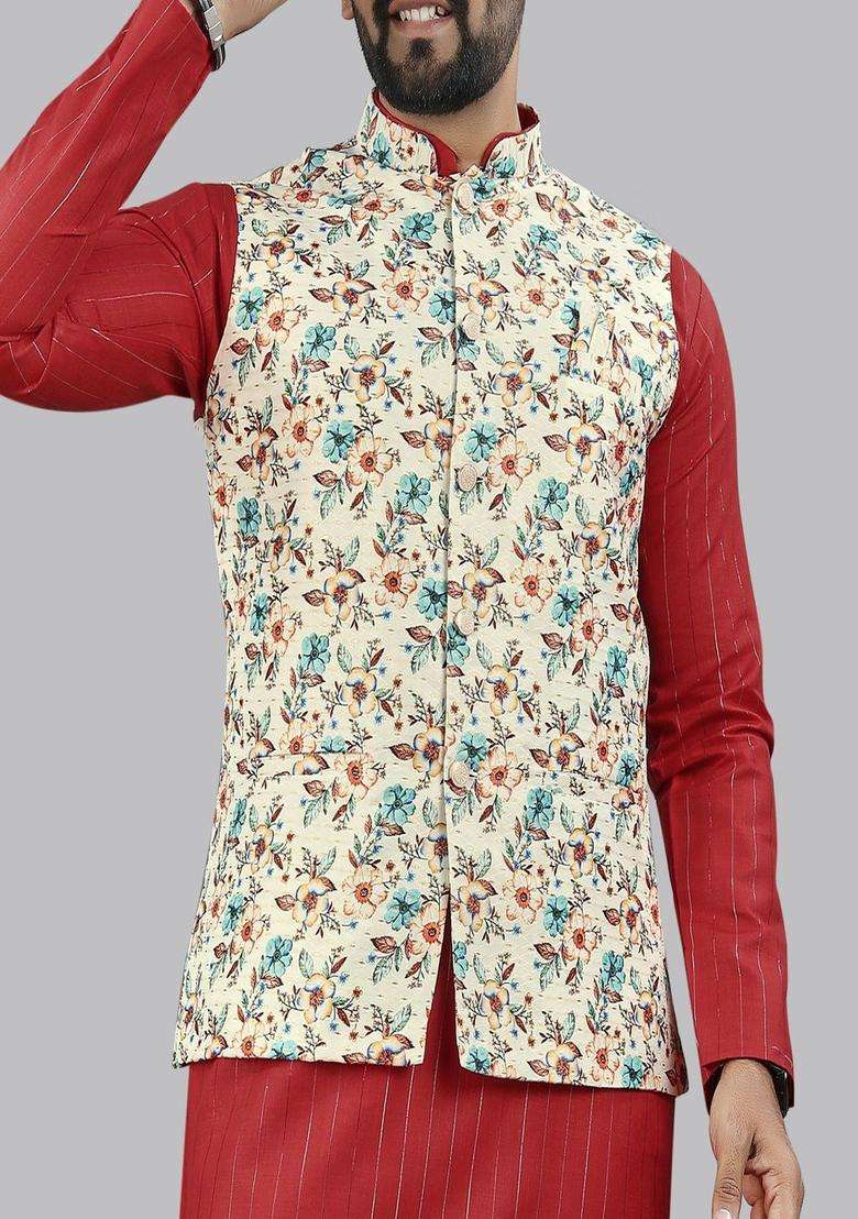 Red Printed Cotton Kurta Set For Men - Indya