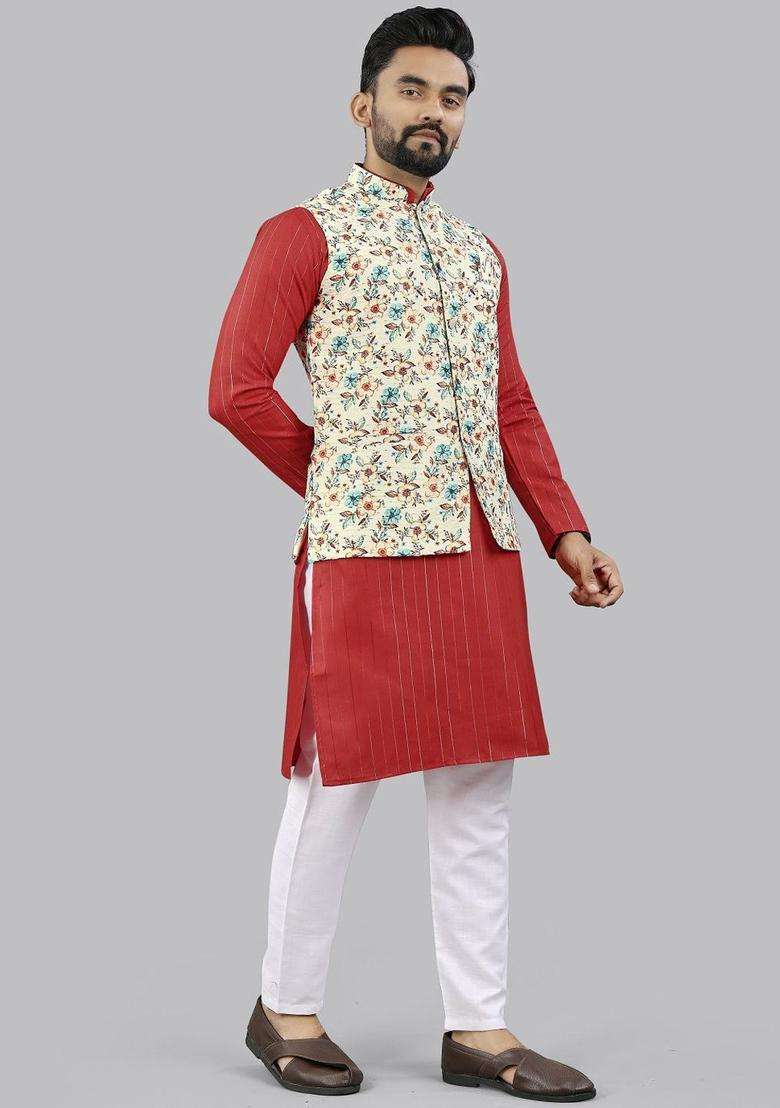 Red Printed Cotton Kurta Set For Men - Indya