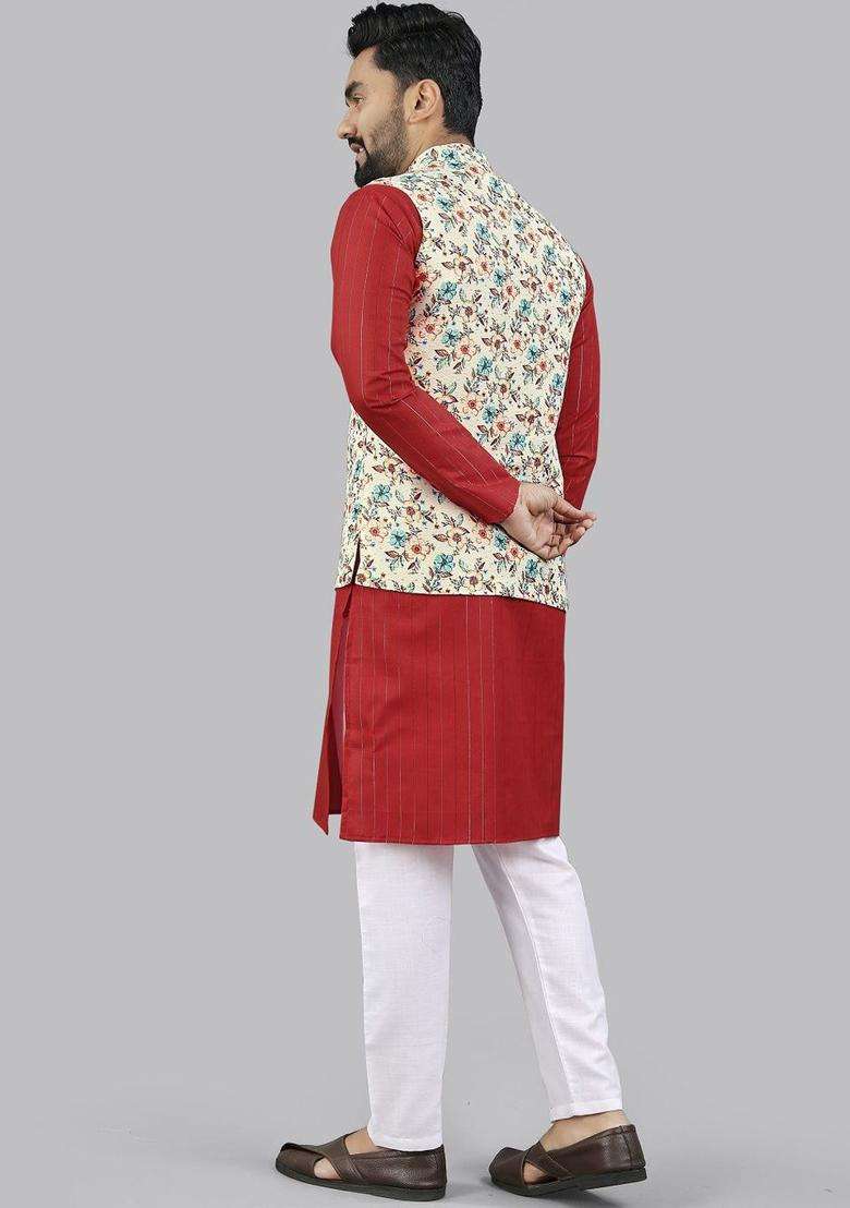 Red Printed Cotton Kurta Set For Men - Indya
