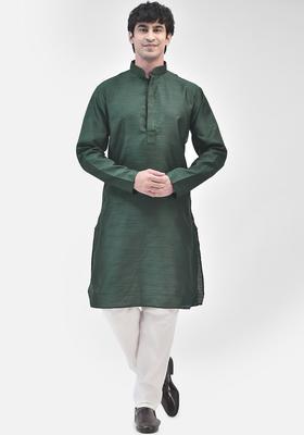 Green Woven Design Silk Kurta Set For Men
