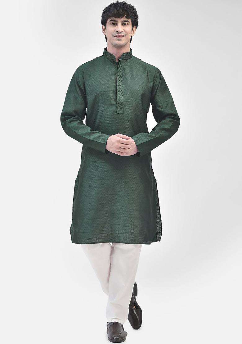 Green Woven Design Silk Blend Kurta Set For Men - Indya