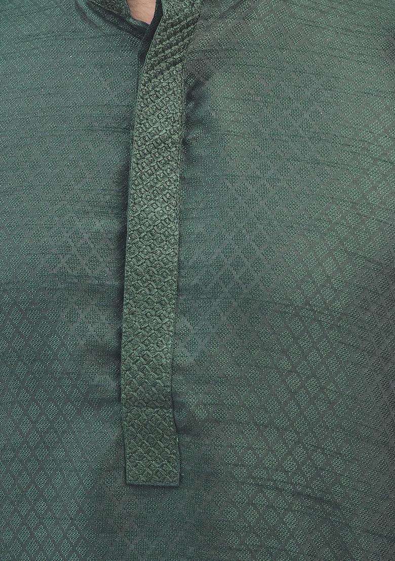 Green Woven Design Silk Blend Kurta Set For Men - Indya