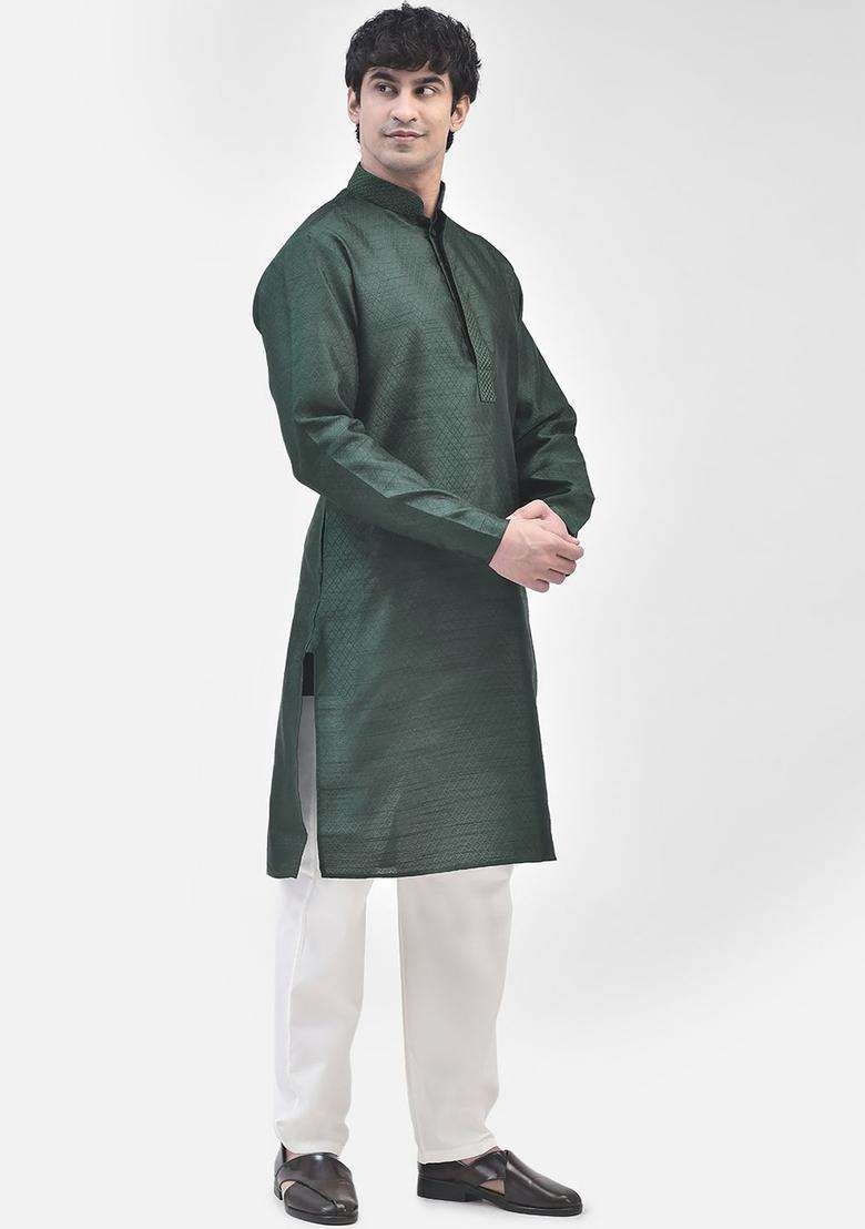 Green Woven Design Silk Blend Kurta Set For Men - Indya