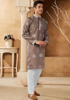 Brown Embroidered Cotton Kurta Set For Men