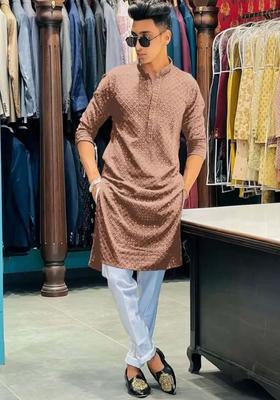 Brown Embroidered Viscose Kurta Set For Men