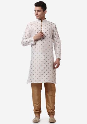 Beige Printed Silk Blend Kurta Set For Men