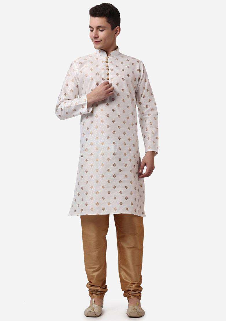 Beige Printed Silk Blend Kurta Set For Men - Indya